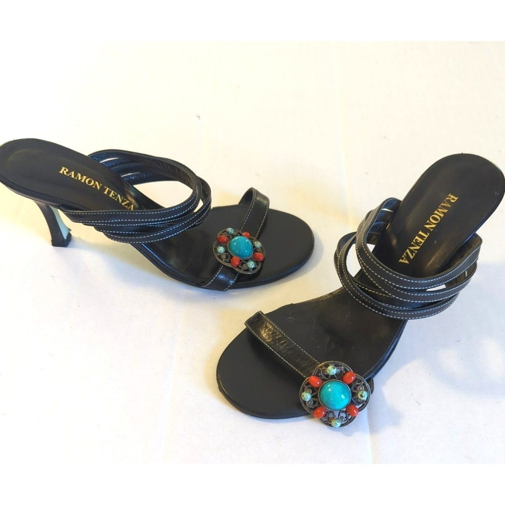Vintage Ramon Tenza Sandals 6 1/2 Strappy Heels Black Jeweled Accent Chic Unique
